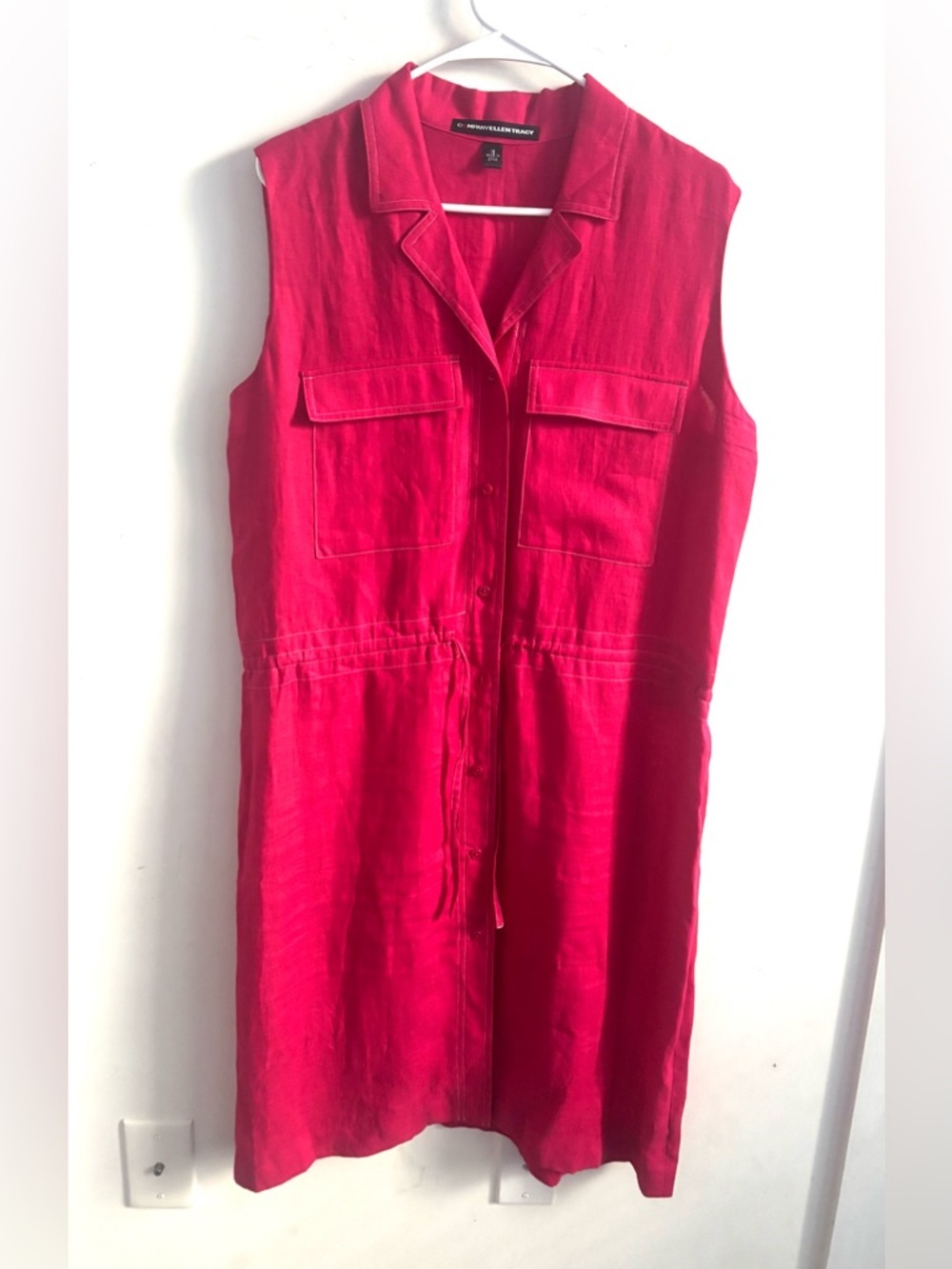Ellen Tracy Mini dress Linen Pink 16 Sleeveless Preppy Button Capsule Pocket
